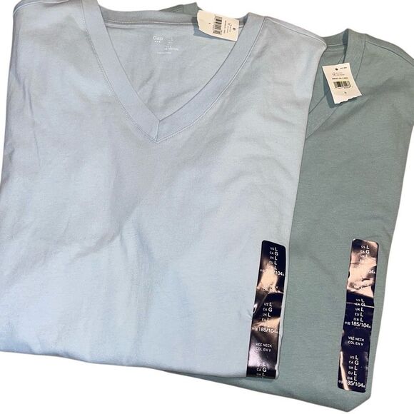 GAP Set of 2 Mens V-Neck 100% Cotton Short Sleeve T-Shirt Blue Green Large NWT - Picture 1 of 6